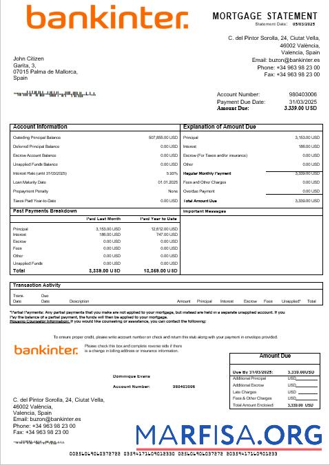 Realistic Spain Bankinter bank mortgage statement in Word and PDF formats template